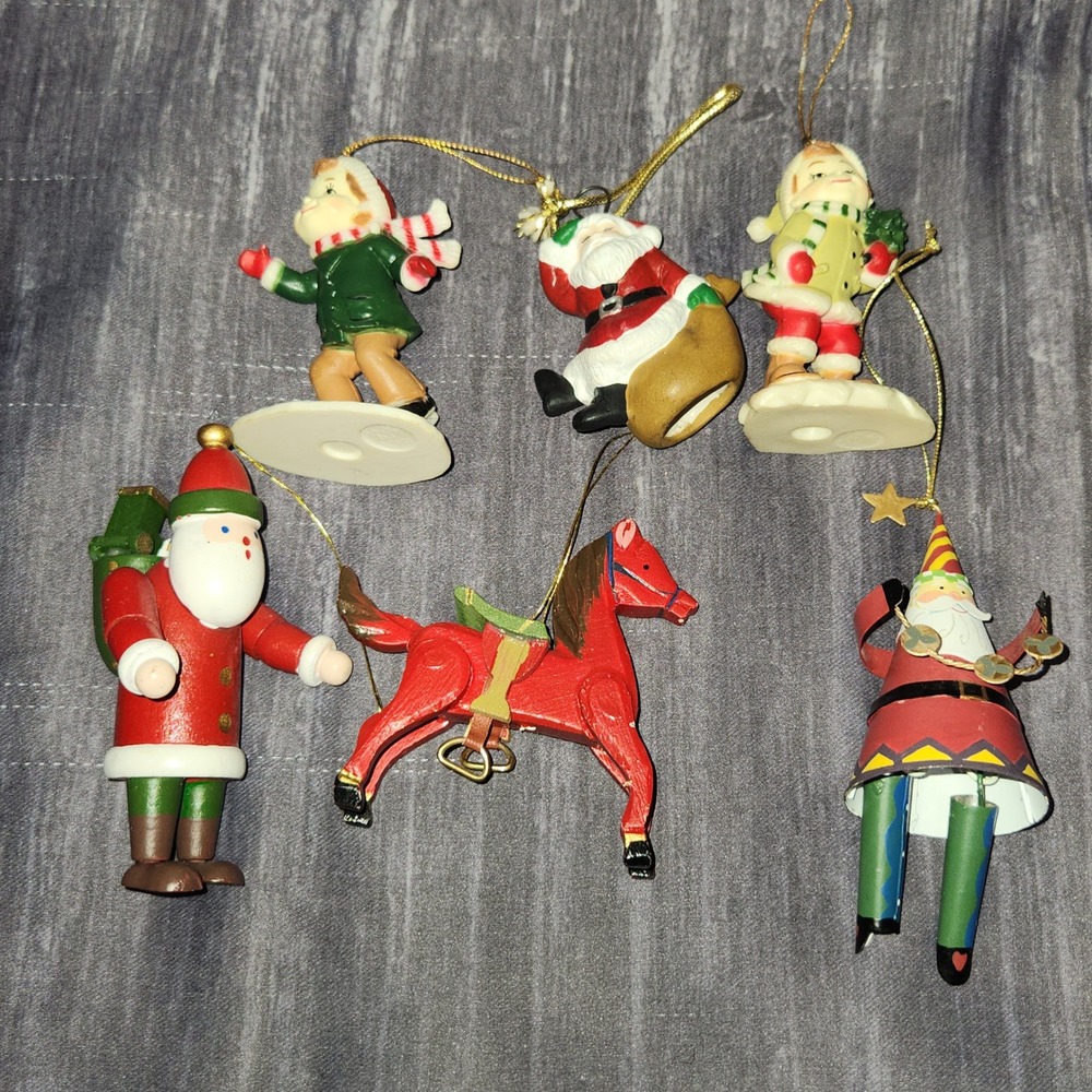 Vintage Christmas Ornaments Set Figural‎ Santa Elf Wooden Horse Retro Xmas